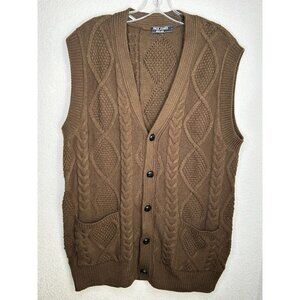 Paul Jones Sweater Vest Mens Large Brown Chunky Cable Knit Button Front V Neck